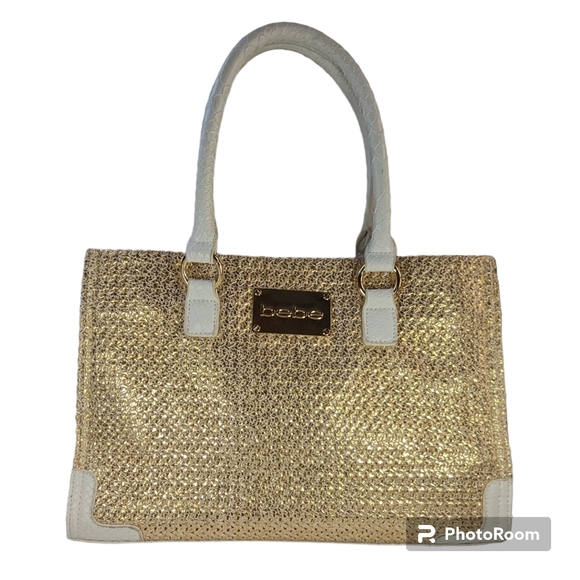 BEBE Handbag White Faux Snake Skin & Gold Weave Interior Pockets Magnetic - Picture 16 of 16